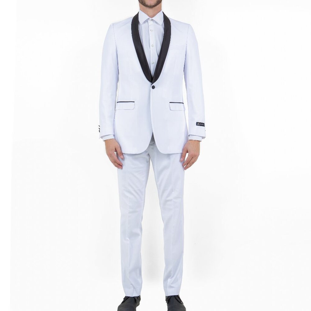 Solid White With Black Shawl Lapel Tazzio Men's Suit